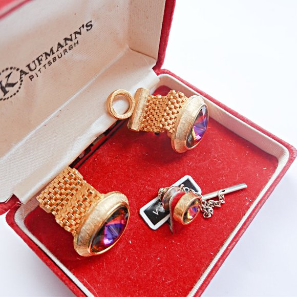 Purple Rivoli Crystal Cufflinks Tie Tack by Dante - Picture 2 of 3